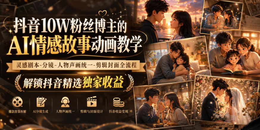抖音10W粉丝博主的AI情感故事动画教学，灵感剧本‑分镜‑人物声画统一‑剪辑封面全流程，解锁抖音精选独家收益-知行阁轻创网-分享网络赚钱项目-全网首发副业项目实操平台-副业创业项目网