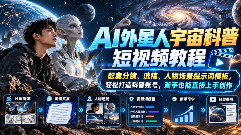 AI外星人宇宙科普短视频教程，配套分镜、洗稿、人物场景提示词模板，轻松打造科普账号，新手也能直接上手创作-知行阁轻创网-分享网络赚钱项目-全网首发副业项目实操平台-副业创业项目网