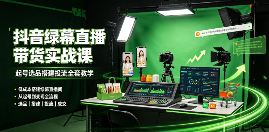 某社群抖音绿幕直播带货实战课，起号选品搭建投流全套教学，低成本搭建绿幕直播间-知行阁轻创网-分享网络赚钱项目-全网首发副业项目实操平台-副业创业项目网