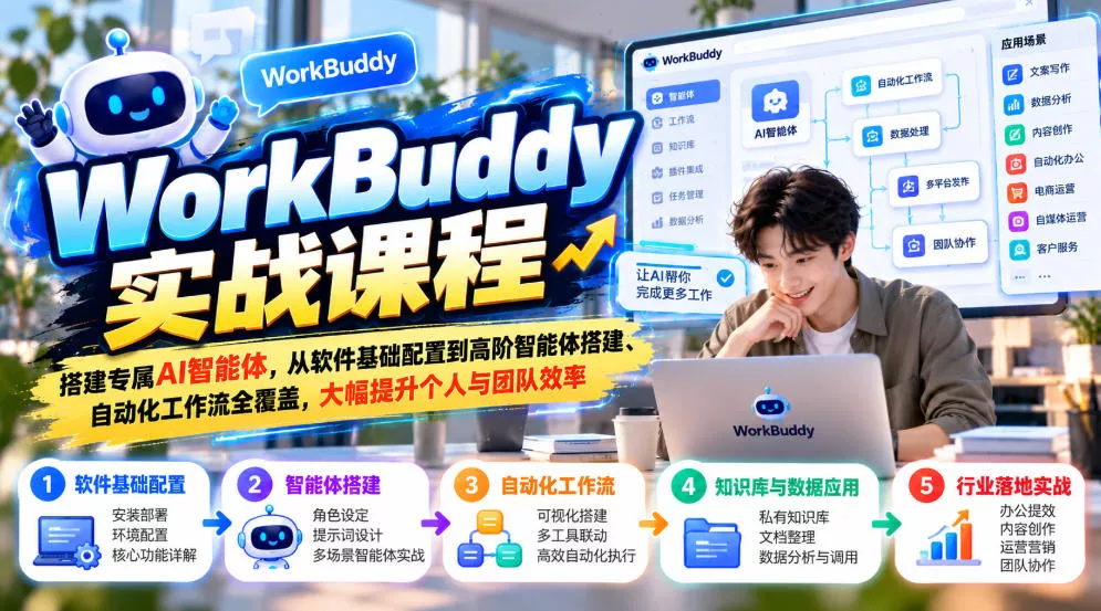 WorkBuddy实战课程，搭建专属AI智能体，从软件基础配置到高阶智能体搭建、自动化工作流全覆盖，大幅提升个人与团队效率-知行阁轻创网-分享网络赚钱项目-全网首发副业项目实操平台-副业创业项目网