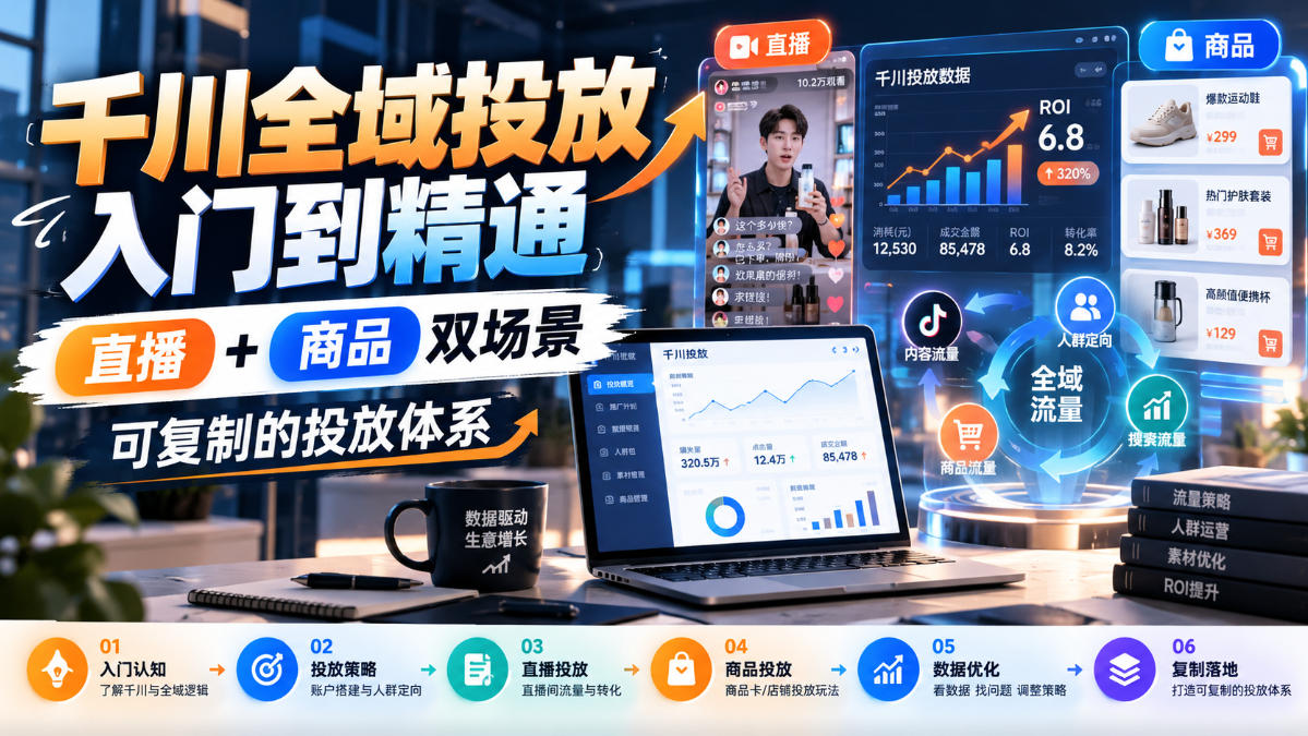 千川全域投放入门到精通，直播+商品双场景，可复制的投放体系-知行阁轻创网-分享网络赚钱项目-全网首发副业项目实操平台-副业创业项目网
