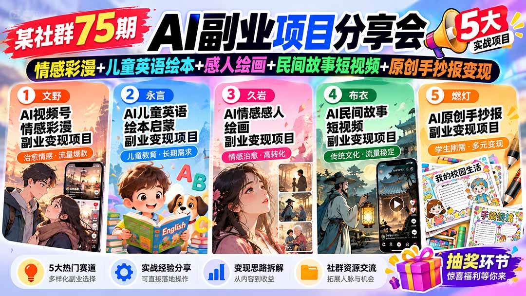 （20874期）某社群75期AI副业项目分享会：情感彩漫+儿童英语绘本+感人绘画+民间故事短视频+原创手抄报变现-知行阁轻创网-分享网络赚钱项目-全网首发副业项目实操平台-副业创业项目网