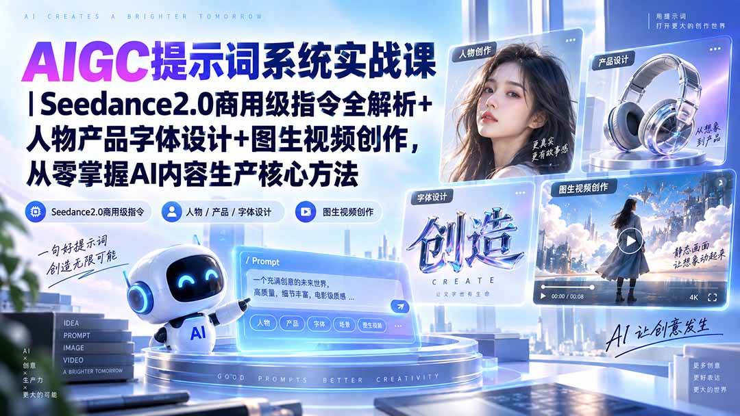 （20559期）AIGC提示词系统实战课-无水印｜Seedance2.0商用级指令全解析+人物产品字体设计+图生视频创作，掌握AI内容生产方法-知行阁轻创网-分享网络赚钱项目-全网首发副业项目实操平台-副业创业项目网