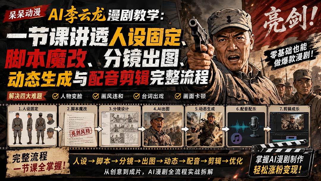 （20107期）呆呆动漫AI李云龙漫剧教学：一节课讲透人设固定、脚本魔改、分镜出图、动态生成与配音剪辑完整流程-知行阁轻创网-分享网络赚钱项目-全网首发副业项目实操平台-副业创业项目网