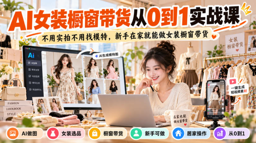 AI女装橱窗带货从0到1实战课，不用实拍不用找模特，新手在家就能做女装橱窗带货-知行阁轻创网-分享网络赚钱项目-全网首发副业项目实操平台-副业创业项目网