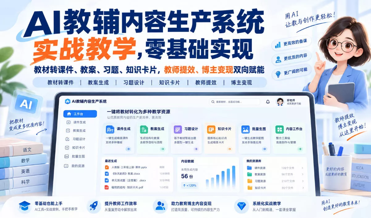 【无水印】AI教辅内容生产系统实战教学，零基础实现教材转课件、教案、习题、知识卡片，教师提效、博主变现双向赋能(更新0926)