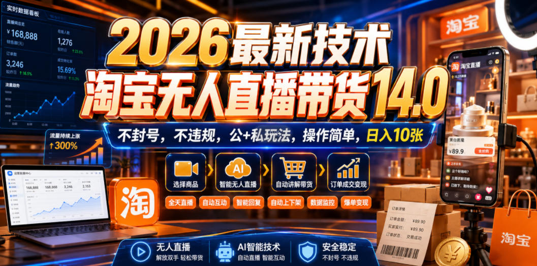 2026最新技术,淘宝无人直播带货14.0,不封号,不违规,公+私玩法,操作简单,日入10张【揭秘】-知行阁轻创网-分享网络赚钱项目-全网首发副业项目实操平台-副业创业项目网