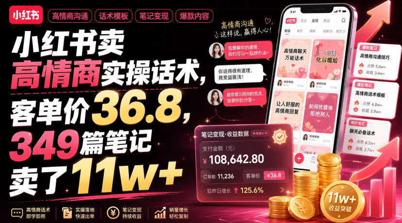 小红书卖高情商实操话术，客单价36.8，349篇笔记卖了11w+！-知行阁轻创网-分享网络赚钱项目-全网首发副业项目实操平台-副业创业项目网