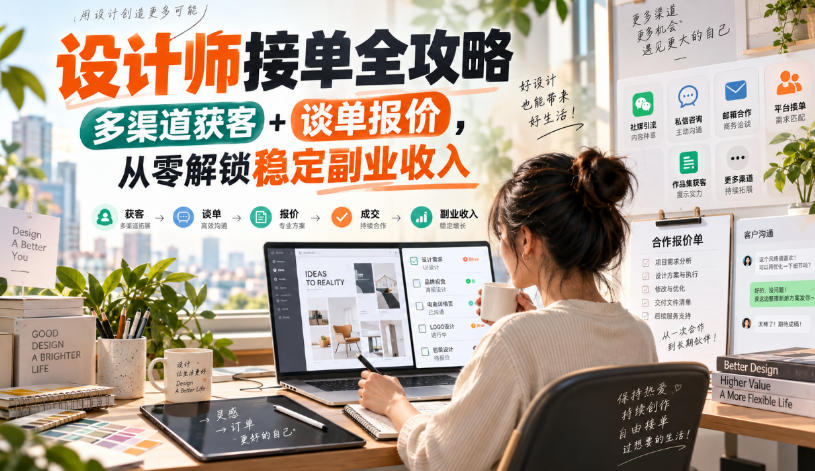 设计师接单全攻略-无水印,多渠道获客+谈单报价,从零解锁稳定副业收入-知行阁轻创网-分享网络赚钱项目-全网首发副业项目实操平台-副业创业项目网