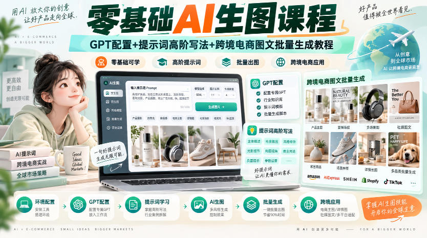 零基础AI生图课程，GPT配置+提示词高阶写法+跨境电商图文批量生成教程-知行阁轻创网-分享网络赚钱项目-全网首发副业项目实操平台-副业创业项目网