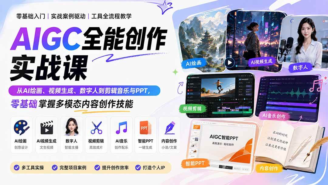 （20065期）AIGC全能创作实战课：从AI绘画、视频生成、数字人到剪辑音乐与PPT，零基础掌握多模态内容创作技能-知行阁轻创网-分享网络赚钱项目-全网首发副业项目实操平台-副业创业项目网
