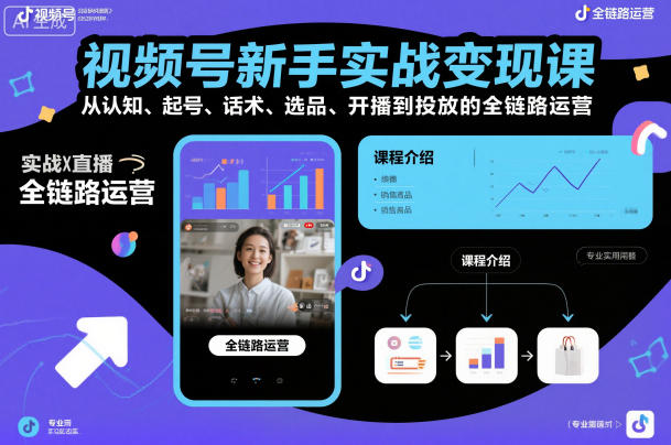 视频号新手实战变现课，从认知、起号、话术、选品、开播到投放的全链路运营-知行阁轻创网-分享网络赚钱项目-全网首发副业项目实操平台-副业创业项目网