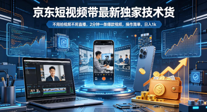 京东短视频带货最新独家技术，不用拍视频不用直播，2分钟一条爆款视频，操作简单，日入1k+【揭秘】-知行阁轻创网-分享网络赚钱项目-全网首发副业项目实操平台-副业创业项目网