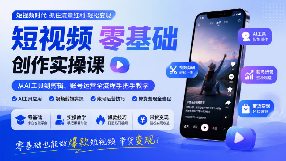 短视频零基础创作实操课，从AI工具到剪辑、账号运营全流程手把手教学，零基础也能做爆款短视频带货变现-知行阁轻创网-分享网络赚钱项目-全网首发副业项目实操平台-副业创业项目网