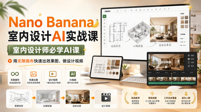 Nano Banana室内设计AI实战课，室内设计师必学AI课，用无限画布快速出效果图、做设计视频-知行阁轻创网-分享网络赚钱项目-全网首发副业项目实操平台-副业创业项目网