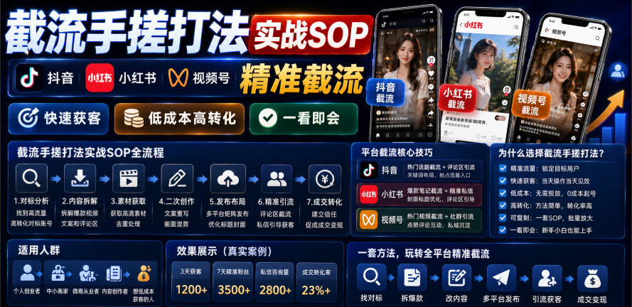 截流手搓打法实战SOP，抖音小红书视频号精准截流，快速获客，低成本高转化，一看即会-知行阁轻创网-分享网络赚钱项目-全网首发副业项目实操平台-副业创业项目网
