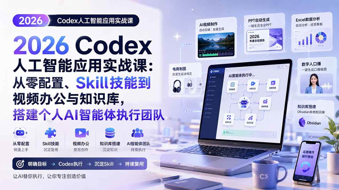 （20067期）2026 Codex人工智能应用实战课：从零配置、Skill技能到视频办公与知识库，搭建个人AI智能体执行团队-知行阁轻创网-分享网络赚钱项目-全网首发副业项目实操平台-副业创业项目网