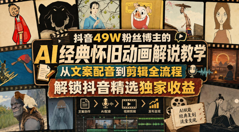 抖音49W粉丝博主的AI经典怀旧动画解说教学，从文案配音到剪辑全流程，解锁抖音精选独家收益-知行阁轻创网-分享网络赚钱项目-全网首发副业项目实操平台-副业创业项目网
