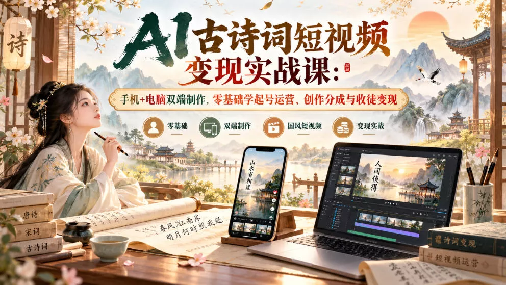 AI古诗词短视频变现实战课:手机+电脑双端制作,零基础学起号运营、创作分成与收徒变现 AI古诗词短视频变现实战课:手机+电脑双端制作,零基础学起号运营、创作分成与收徒变现