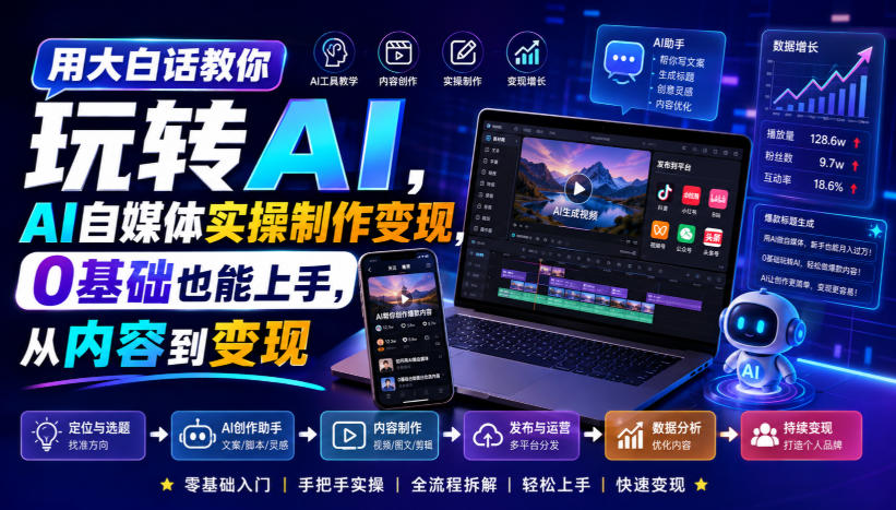用大白话教你玩转AI，AI自媒体实操制作变现，0基础也能上手，从内容到变现-知行阁轻创网-分享网络赚钱项目-全网首发副业项目实操平台-副业创业项目网