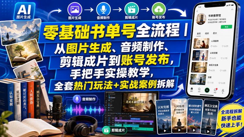 零基础书单号全流程｜从图片生成、音频制作、剪辑成片到账号发布，手把手实操教学，全套热门玩法+实战案例拆解-知行阁轻创网-分享网络赚钱项目-全网首发副业项目实操平台-副业创业项目网