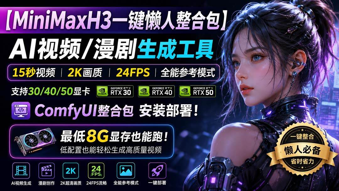 （20130期）MiniMaxH3一键懒人整合包：AI视频/漫剧生成工具，15秒视频_2K画质_24FPS_全能模式，支持30_40_50显卡，8g显存也能跑-知行阁轻创网-分享网络赚钱项目-全网首发副业项目实操平台-副业创业项目网