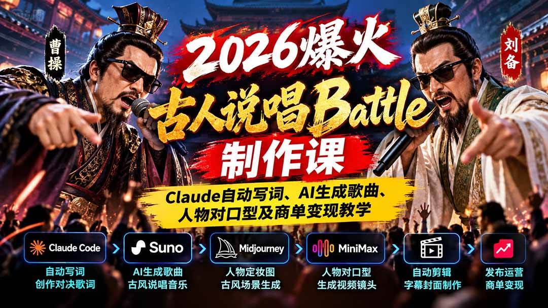 （21059期）2026爆火古人说唱Battle制作课：Claude自动写词、AI生成歌曲、人物对口型及商单变现教学-知行阁轻创网-分享网络赚钱项目-全网首发副业项目实操平台-副业创业项目网