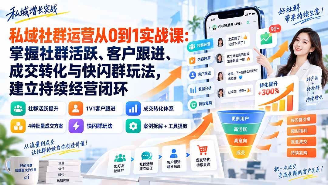 （20428期）私域社群运营从0到1实战课：掌握社群活跃、客户跟进、成交转化与快闪群玩法，建立持续经营闭环-知行阁轻创网-分享网络赚钱项目-全网首发副业项目实操平台-副业创业项目网