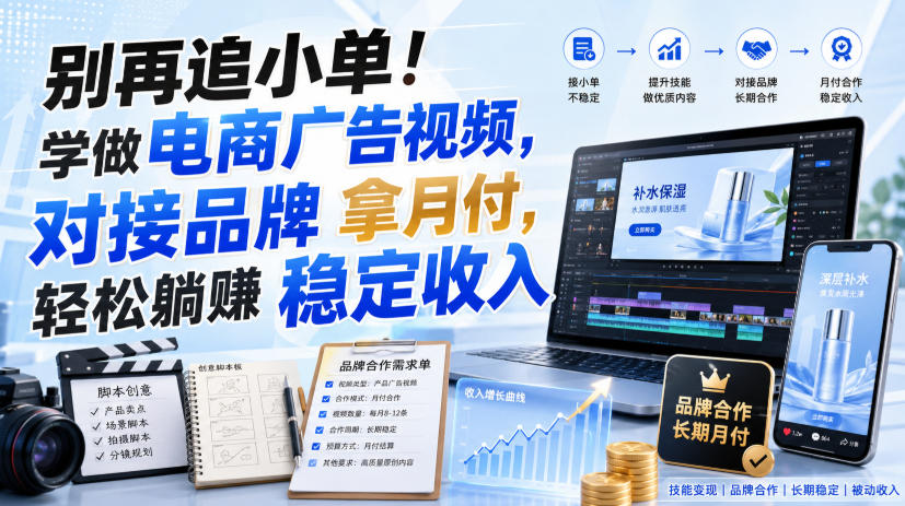 别再追小单！学做电商广告视频，对接品牌拿月付，轻松躺賺稳定收入【原创双语字幕】-知行阁轻创网-分享网络赚钱项目-全网首发副业项目实操平台-副业创业项目网