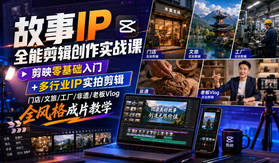 故事IP全能剪辑创作实战课｜剪映零基础入门+多行业IP实拍剪辑，门店/文旅/工厂/非遗/老板Vlog全风格成片教学-知行阁轻创网-分享网络赚钱项目-全网首发副业项目实操平台-副业创业项目网
