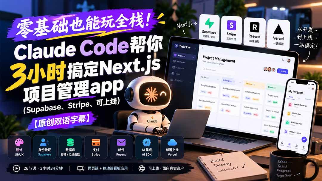 （20907期）零基础也能玩全栈！Claude Code帮你3小时搞定Next.js项目管理app（Supabase、Stripe、可上线）【原创双语字幕】-知行阁轻创网-分享网络赚钱项目-全网首发副业项目实操平台-副业创业项目网