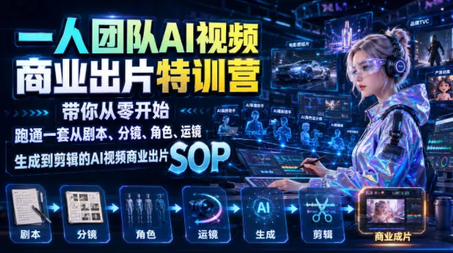 一人团队AI视频商业出片实战课：带你从零开始跑通一套从剧本、分镜、角色、运镜、生成到剪辑的AI视频商业出片SOP-知行阁轻创网-分享网络赚钱项目-全网首发副业项目实操平台-副业创业项目网