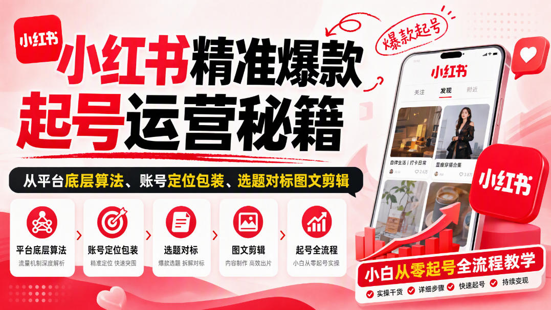 小红书精准爆款起号运营秘籍，从平台底层算法、账号定位包装、选题对标图文剪辑，小白从零起号全流程-知行阁轻创网-分享网络赚钱项目-全网首发副业项目实操平台-副业创业项目网