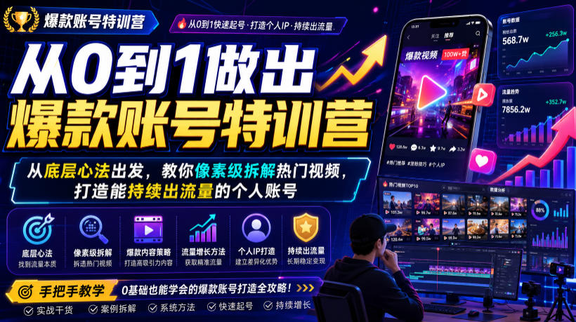 从0到1做出爆款账号特训营，从底层心法出发，教你像素级拆解热门视频，打造能持续出流量的个人账号-知行阁轻创网-分享网络赚钱项目-全网首发副业项目实操平台-副业创业项目网
