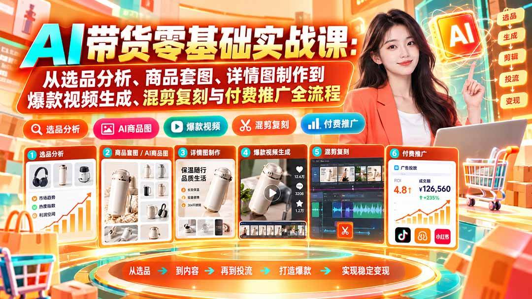 （20856期）AI带货零基础实战课：从选品分析、商品套图、详情图制作到爆款视频生成、混剪复刻与付费推广全流程-知行阁轻创网-分享网络赚钱项目-全网首发副业项目实操平台-副业创业项目网