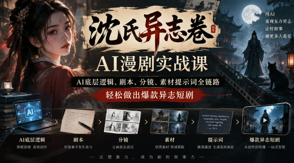 沈氏异志卷AI漫剧实战课｜AI底层逻辑、剧本、分镜、素材提示词全链路，轻松做出爆款异志短剧-知行阁轻创网-分享网络赚钱项目-全网首发副业项目实操平台-副业创业项目网