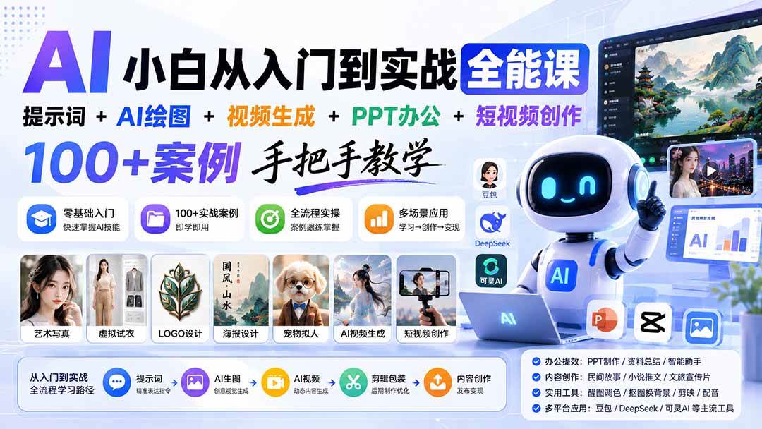 （20018期）AI小白从入门到实战全能课：提示词+AI绘图+视频生成+PPT办公+短视频创作，100+案例手把手教学-知行阁轻创网-分享网络赚钱项目-全网首发副业项目实操平台-副业创业项目网