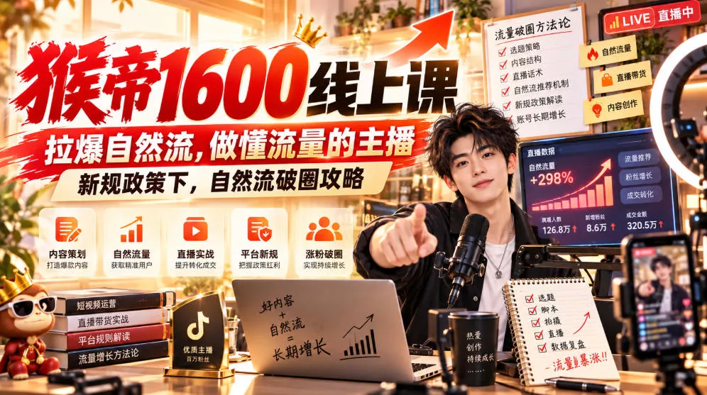 猴帝1600线上课，拉爆自然流，做懂流量的主播，新规政策下，自然流破圈攻略【更新261002】-知行阁轻创网-分享网络赚钱项目-全网首发副业项目实操平台-副业创业项目网