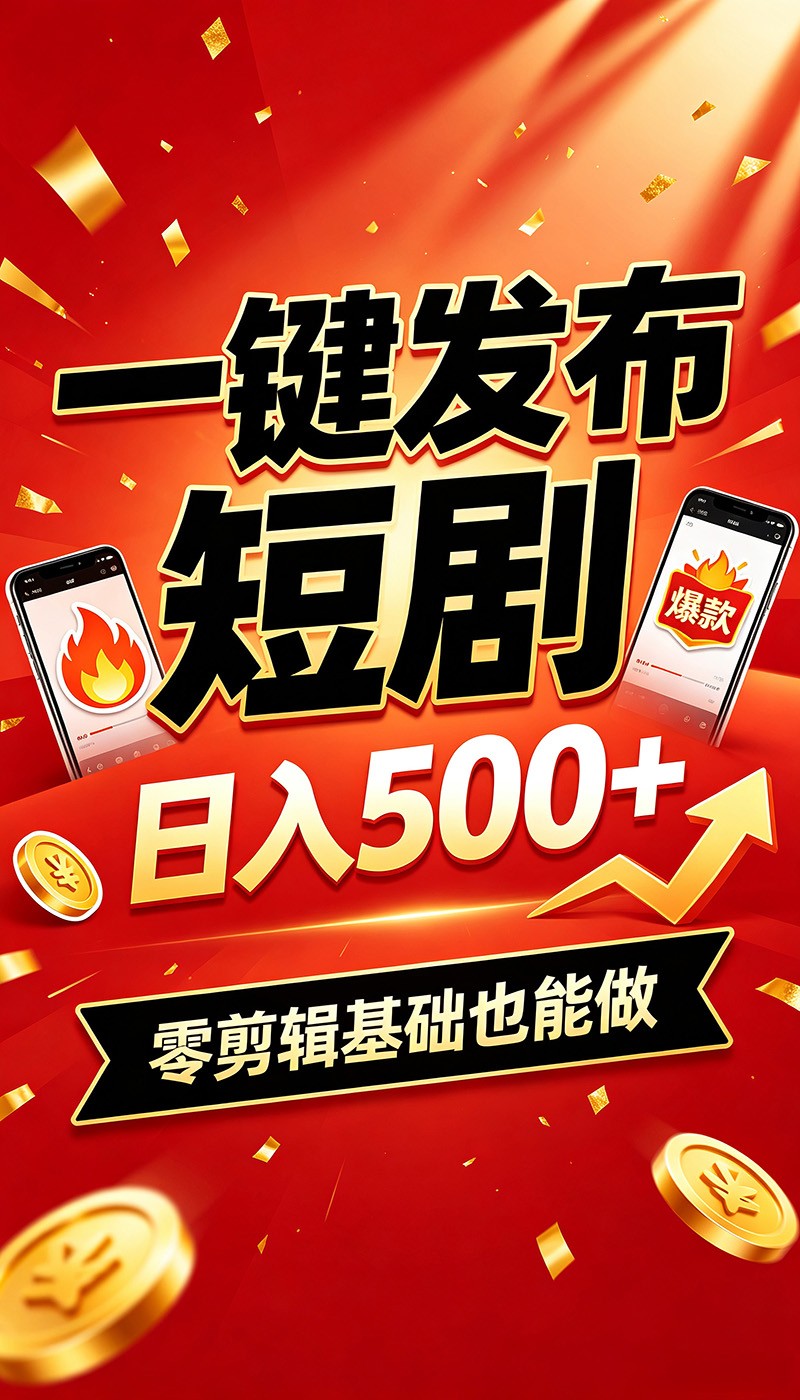 快手短剧一键发布,不用剪辑操作简单,副业日入500+。空闲时间轻松赚收益-知行阁轻创网-分享网络赚钱项目-全网首发副业项目实操平台-副业创业项目网