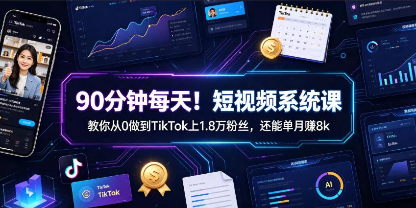 90分钟每天！短视频系统课教你从0做到TikTok上1.8万粉丝，还能单月賺8k【原创双语字幕】-知行阁轻创网-分享网络赚钱项目-全网首发副业项目实操平台-副业创业项目网
