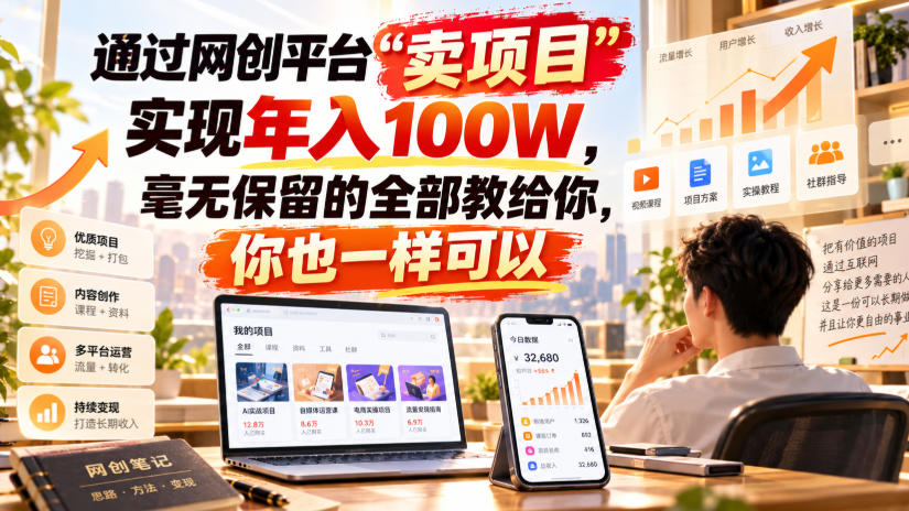 通过网创平台“卖项目”实现年入100W，毫无保留的全部教给你，你也一样可以！【揭秘】-知行阁轻创网-分享网络赚钱项目-全网首发副业项目实操平台-副业创业项目网