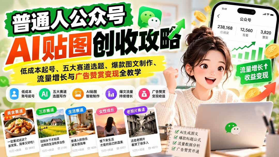(20972期)普通人公众号AI贴图创收攻略:低成本起号、五大赛道选题、爆款图文制作、流量增长与广告赞赏变现全教学 (20972期)普通人公众号AI贴图创收攻略:低成本起号、五大赛道选题、爆款图文制作、流量增长与广告赞赏变现全教学