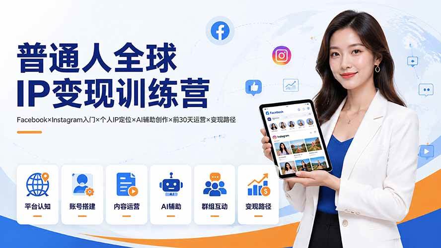 （19568期）普通人全球IP变现训练营：Facebook×Instagram入门×个人IP定位×AI辅助创作×前30天运营×变现路径-知行阁轻创网-分享网络赚钱项目-全网首发副业项目实操平台-副业创业项目网