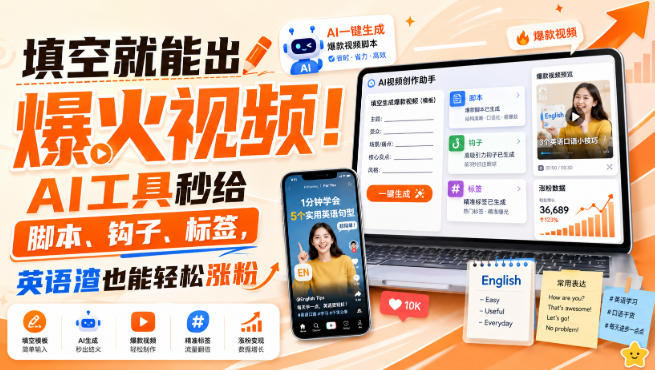 填空就能出爆火视频！AI工具秒给脚本、钩子、标签，英语渣也能轻松涨粉【原创双语字幕】-知行阁轻创网-分享网络赚钱项目-全网首发副业项目实操平台-副业创业项目网