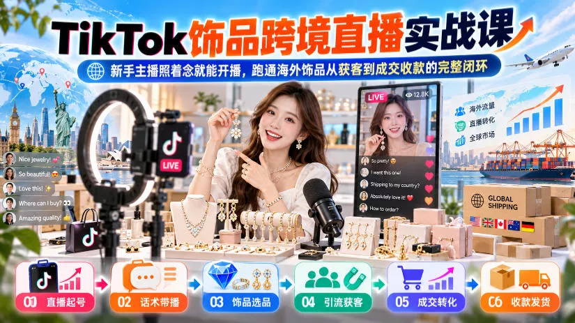 TikTok饰品跨境直播实战课，新手主播照着念就能开播，跑通海外饰品从获客到成交收款的完整闭环-知行阁轻创网-分享网络赚钱项目-全网首发副业项目实操平台-副业创业项目网