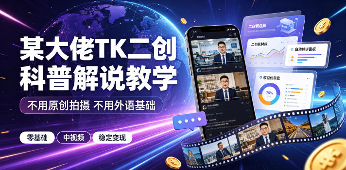 某大佬TK二创科普解说教学，不用原创拍摄不用外语基础，零基础做TikTok中视频稳定变现-知行阁轻创网-分享网络赚钱项目-全网首发副业项目实操平台-副业创业项目网