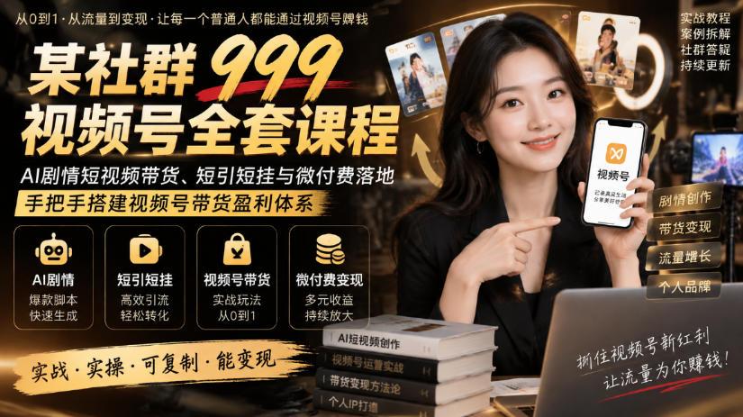 某社群999视频号全套课程，AI剧情短视频带货、短引短挂与微付费落地，手把手搭建视频号带货盈利体系-知行阁轻创网-分享网络赚钱项目-全网首发副业项目实操平台-副业创业项目网