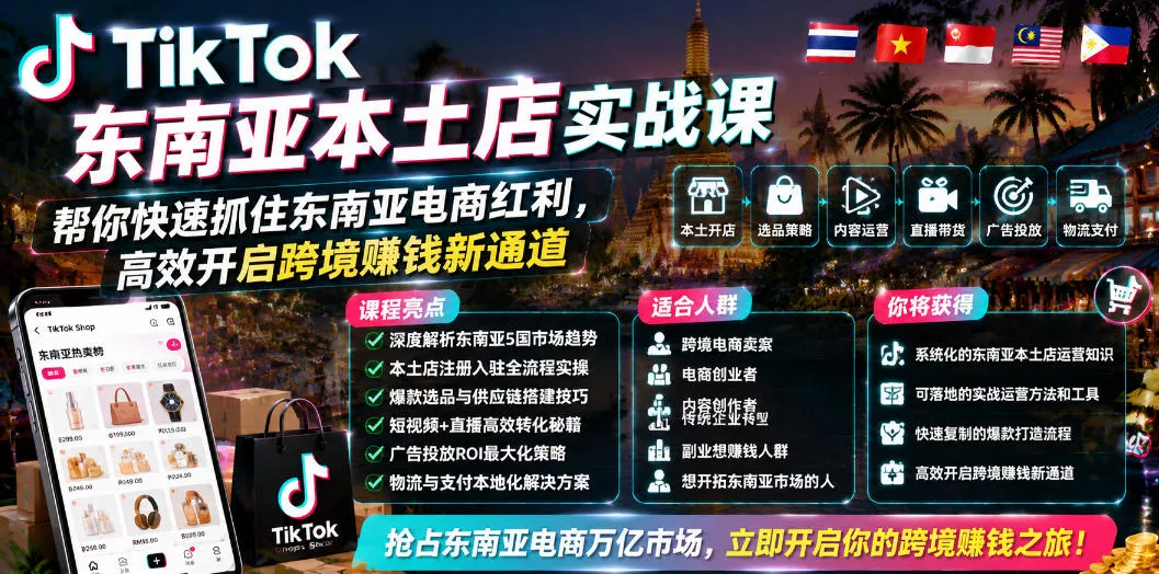 TikTok东南亚本土店实战课,帮你快速抓住东南亚电商红利,高效开启跨境賺钱新通道-知行阁轻创网-分享网络赚钱项目-全网首发副业项目实操平台-副业创业项目网