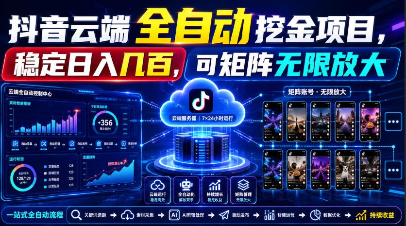 Dy云端全自动挖金项目，稳定日入几百，可矩阵无限放大！-知行阁轻创网-分享网络赚钱项目-全网首发副业项目实操平台-副业创业项目网