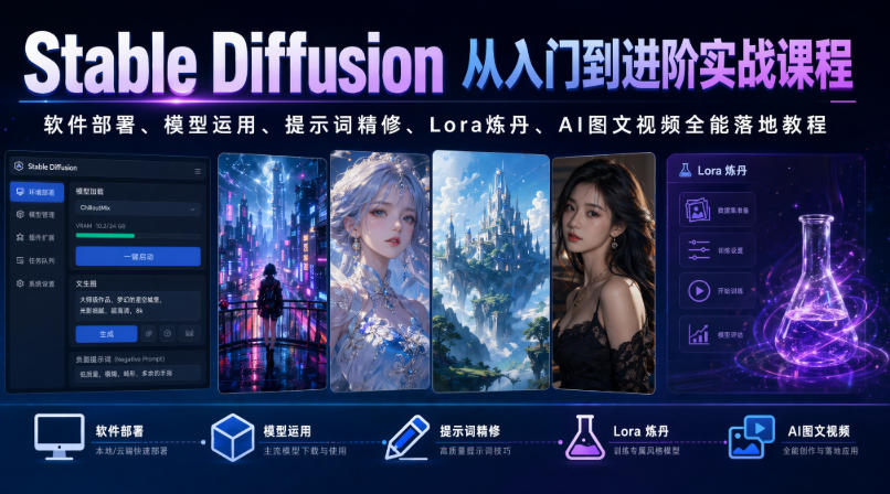 Stable Diffusion从入门到进阶实战课程|软件部署、模型运用、提示词精修、Lora炼丹、AI图文视频全能落地教程-知行阁轻创网-分享网络赚钱项目-全网首发副业项目实操平台-副业创业项目网